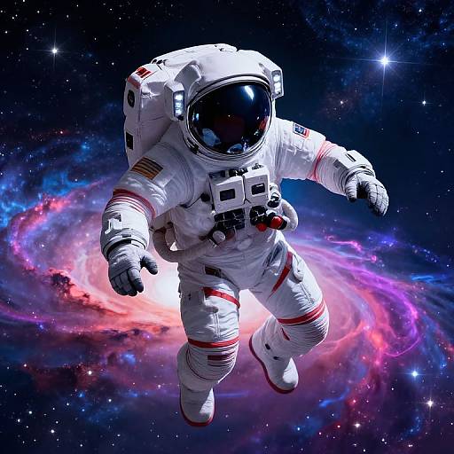Photorealistic CGI of an American astronaut in a white spacesuit with red accents floating in a vibrant, colorful galaxy.