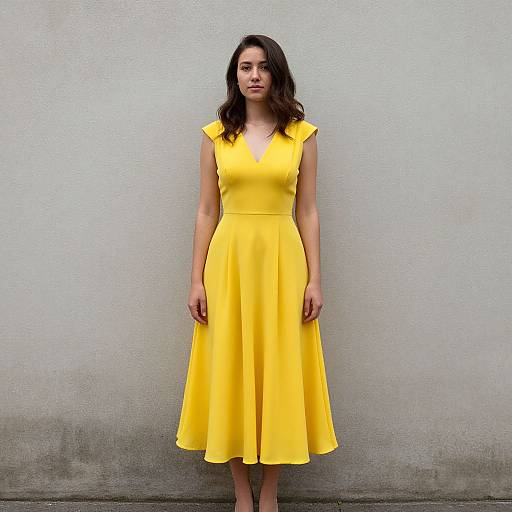 Photograph of a young woman with dark wavy hair, wearing a bright yellow, sleeveless, V-neck, knee-length dress, standing against a