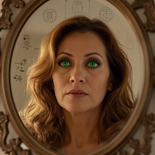 Photograph of a woman with wavy brown hair, green eyes, and neutral expression, reflected in an ornate, oval mirror with scientific diagrams in