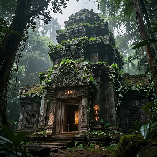 Photograph of a lush, misty jungle temple with intricate, moss-covered stone carvings, glowing orange lanterns, and vines enveloping the