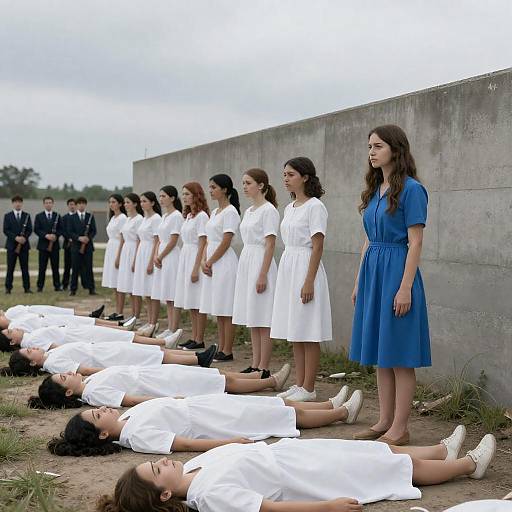 Woman in Blue Amid Execution Aftermath