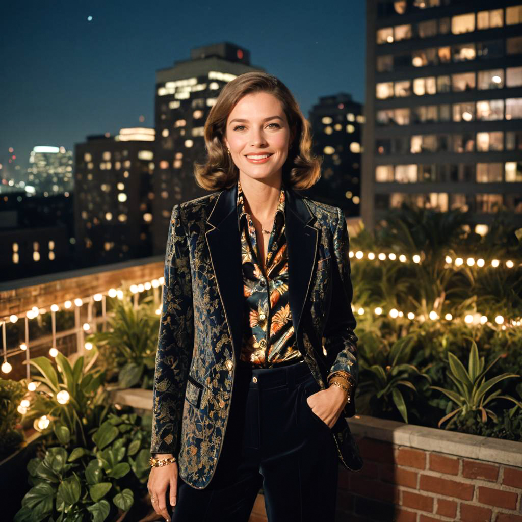 Elegant 70s Cocktail Hostess at Rooftop Party