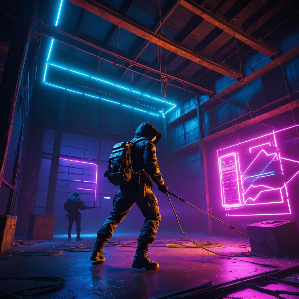 Cyber Thief Scaling Neon Warehouse