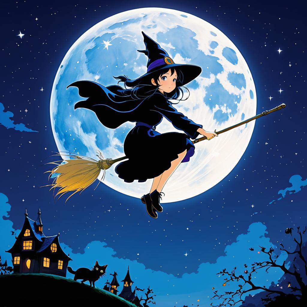 Whimsical Witch and Cat in Flight