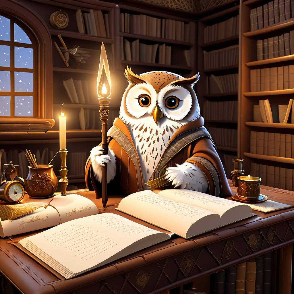 Owl in Cozy Study with Quill