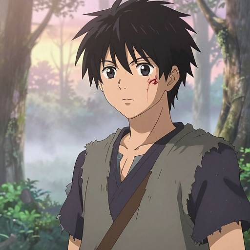 Anime-style drawing of a young man with spiky black hair, wearing a tattered gray vest over a black shirt, with a cut on his cheek