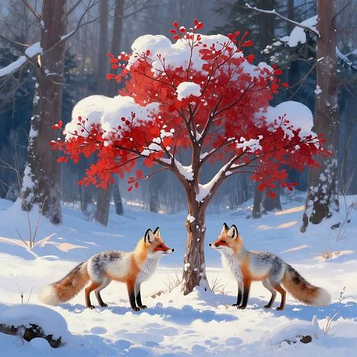 Photograph of two red foxes standing in a snowy forest, facing each other, with a vibrant red-leaved tree in the background.