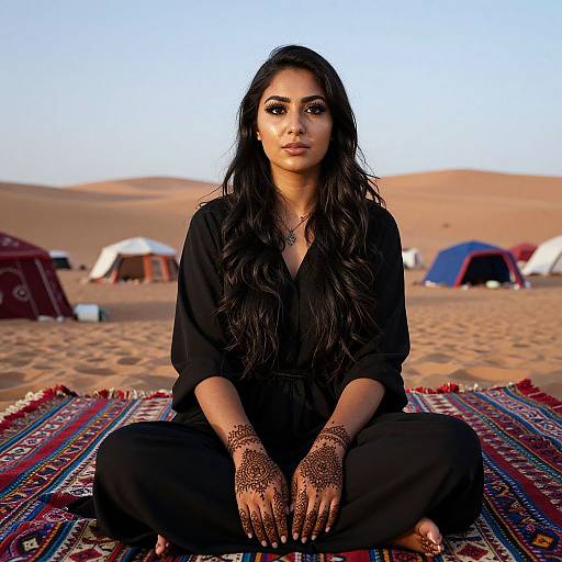 Photograph of a woman with long black hair, dark eyes, and intricate henna designs on her hands and arms, sitting cross-legged on a colorful
