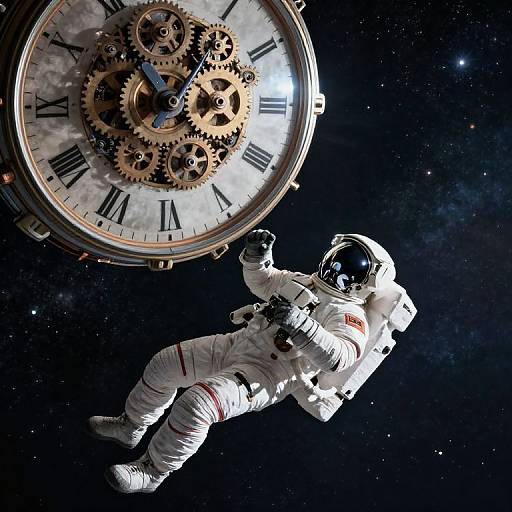 Photorealistic digital art: Astronaut floating in space, white suit with red stripe, black helmet, gazing at a large, gear-filled,
