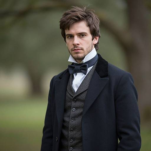 Photograph of a young white man with short brown hair, light beard, wearing a black suit, gray tweed vest, white shirt, and black