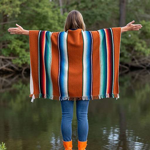Photograph of a woman with outstretched arms, wearing an orange and blue striped blanket, blue jeans, and orange boots, standing in a forest
