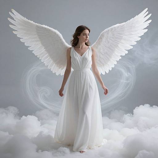Photograph of a woman with white angel wings and flowing white dress standing on a cloud, surrounded by ethereal light swirls.