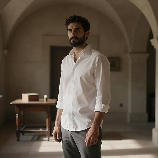 Sunlit Man in Arched Stone Room