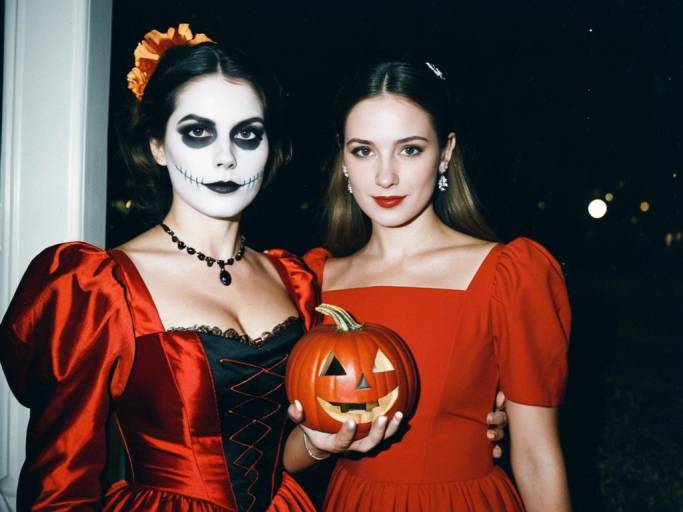 Two Women in Red Dresses Holding Pumpkin at Halloween Ball