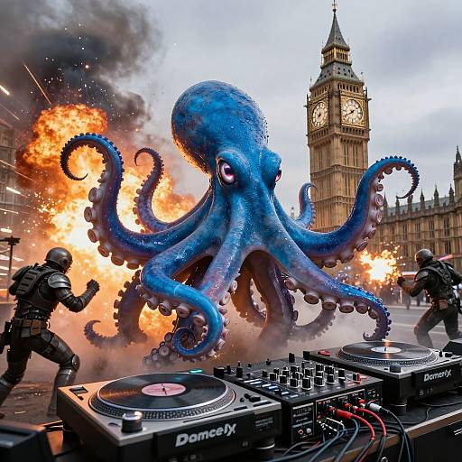 Photograph-style digital artwork: Blue octopus battles in London, with explosions, armed soldiers, and DJ equipment against Big Ben background.