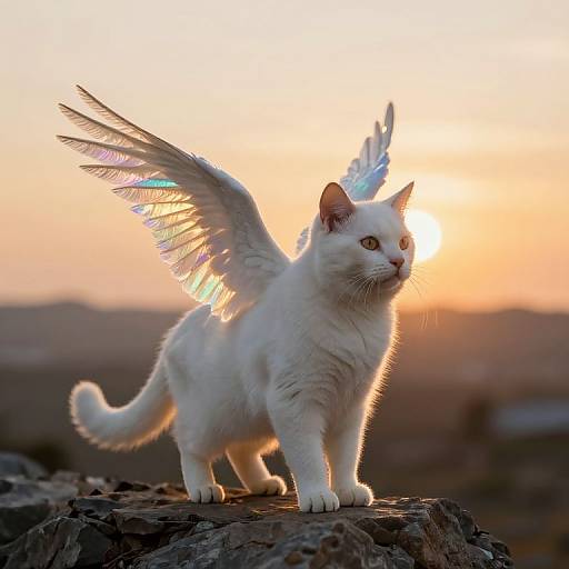 Photograph of a white cat with iridescent angel wings standing on a rocky surface at sunset, glowing halo above its head.