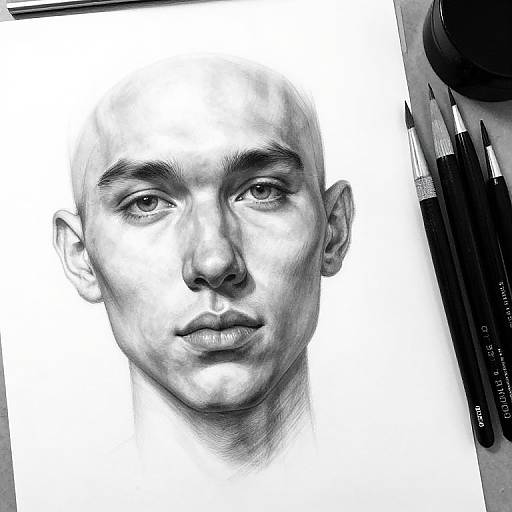 Black and white pencil drawing of a bald, androgynous young man with intense eyes, realistic textures, surrounded by art supplies.