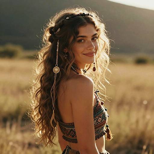 Photograph of a smiling young woman with long, wavy brown hair, wearing a patterned, beaded top and headpiece, standing in a