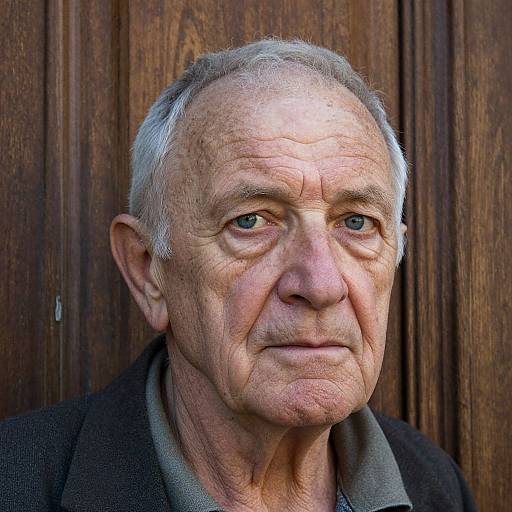 Photograph of an elderly man with wrinkled skin, gray hair, and blue eyes, wearing a dark coat, against a wooden background.