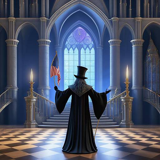Magician Holding American Flag in Enchanted Castle Hall
