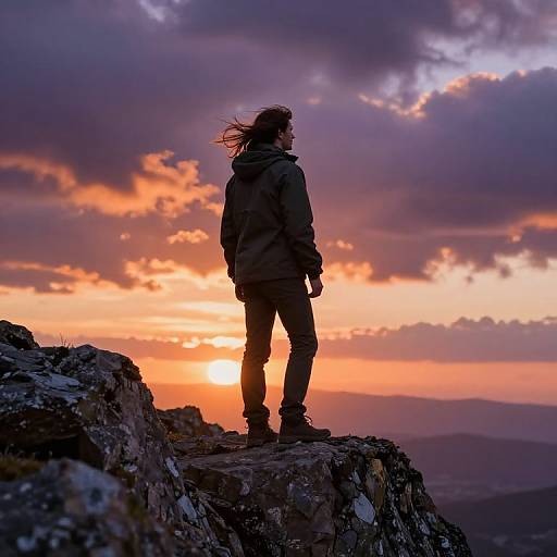 Silhouetted hiker with wind-blown hair stands on rocky cliff at sunset, vibrant orange and purple clouds in the dramatic sky. Photograph.