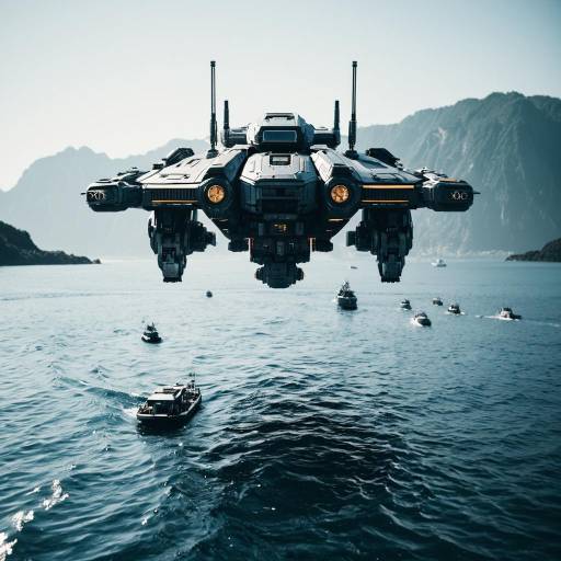 Futuristic Sci-Fi Hovering Mech over Water
