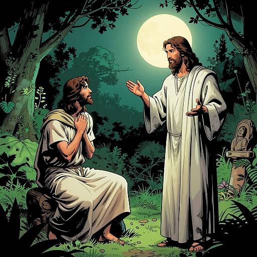 Illustration of Jesus, with long brown hair and beard, in white robes, standing and speaking to a kneeling, bearded disciple, under a full