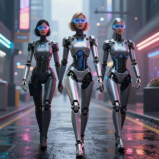 Photorealistic CGI of three futuristic, silver robot women with blue visors walking in a neon-lit, rain-soaked urban street at night.