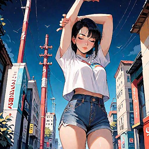 Anime-style digital illustration of a young woman with black hair, wearing a white crop top and high-waisted denim shorts, stretching in a vibrant,
