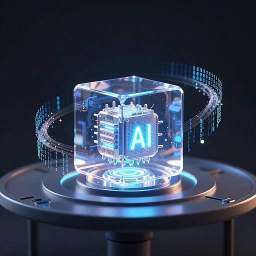Glowing AI Core in Transparent Cube