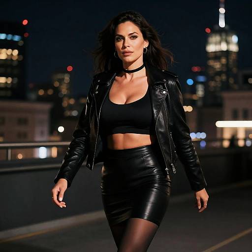 Confident Woman Walking at Night in Black Leather Outfit