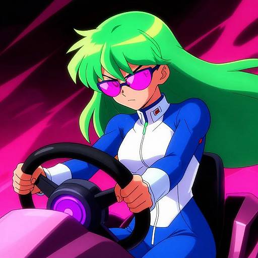 Digital anime-style drawing of a green-haired woman with pink sunglasses driving a futuristic vehicle, wearing a blue and white jumpsuit. Bright pink and black background