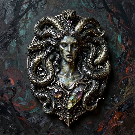 Digital artwork of a bronze, serpent-entwined, androgynous face with a large, iridescent gem, set against a dark