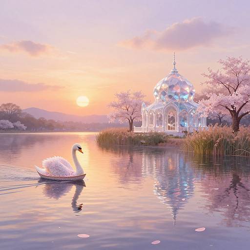 Photograph of a serene sunset over a reflective lake, featuring a white swan gliding near a sparkling, mirrored pavilion with cherry blossoms in