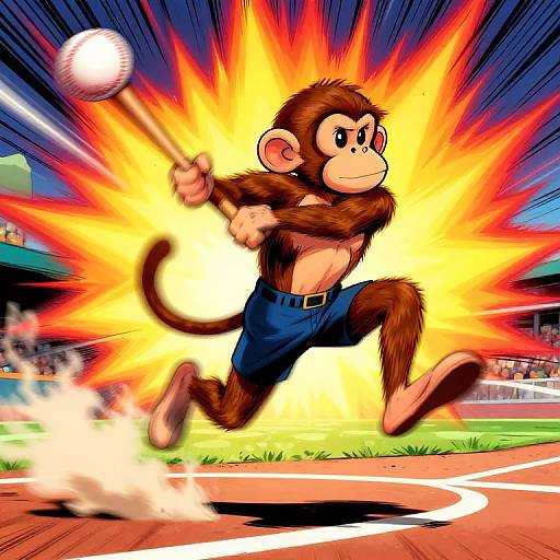 Cartoon monkey swinging a baseball bat, surrounded by explosive yellow and red flames, mid-swing on a baseball field. Dynamic, colorful, action-packed