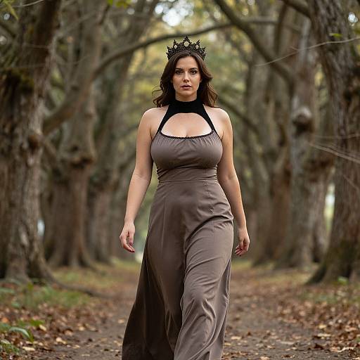 Photograph of a dark-haired woman in a gray, sleeveless dress with a black halter neckline, wearing a black crown, walking through a forest