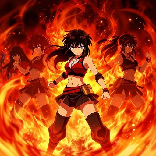 Anime-style digital artwork of three fierce, black-haired women in red and black outfits, surrounded by intense, swirling yellow-orange flames.