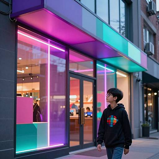 Photograph of an Asian teenage boy with glasses and black hoodie, walking past a neon-lit storefront with vibrant pink, blue, and purple lights.