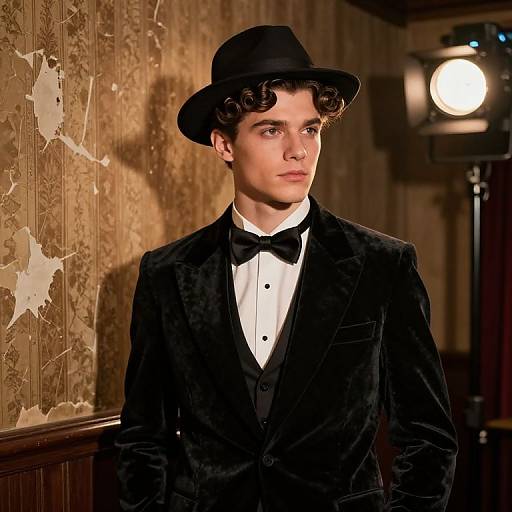 Photograph of a young man with curly brown hair, wearing a black velvet suit, bow tie, and hat, standing in a dimly lit,