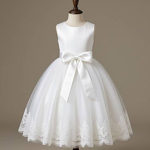 Photograph of a white, sleeveless, A-line children's dress with a large bow at the waist, lace-trimmed skirt, displayed on