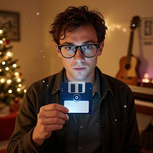 Cozy Retro Man with Glowing Floppy Disk