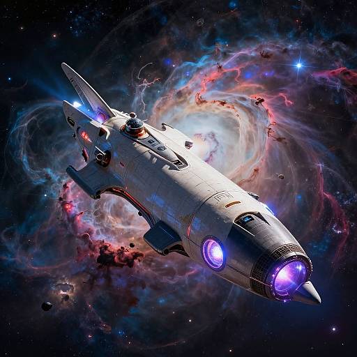 Digital artwork of a futuristic, silver spaceship with glowing purple lights, soaring through a vibrant, colorful nebula with swirling red, blue, and white clouds