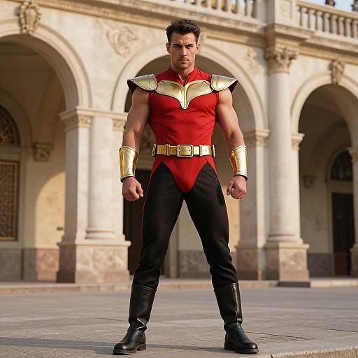 Muscular Hero in Red-Gold Costume