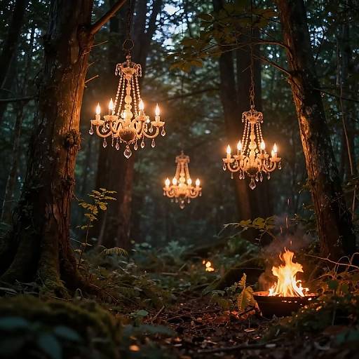 Photograph of three ornate, glowing chandeliers hanging in a dark, dense forest, illuminated by a small campfire on the ground.