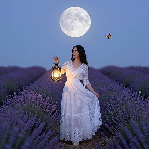 Photograph of a dark-haired woman in a white lace dress holding a lantern, standing in a lavender field at night, with a full moon and a