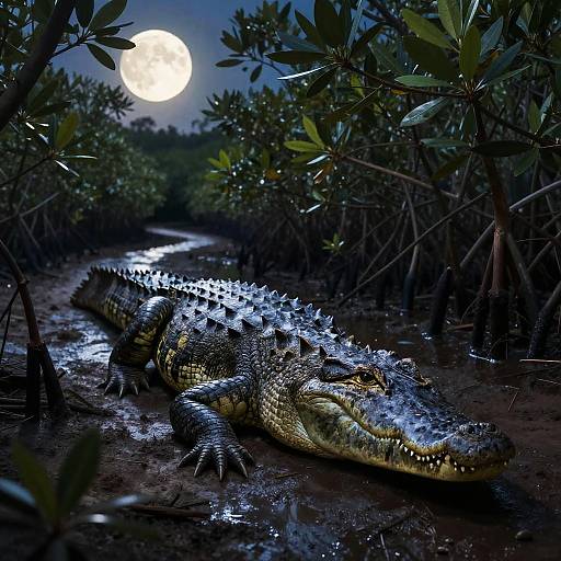 Saltwater Crocodile on Mangrove Trail at Night