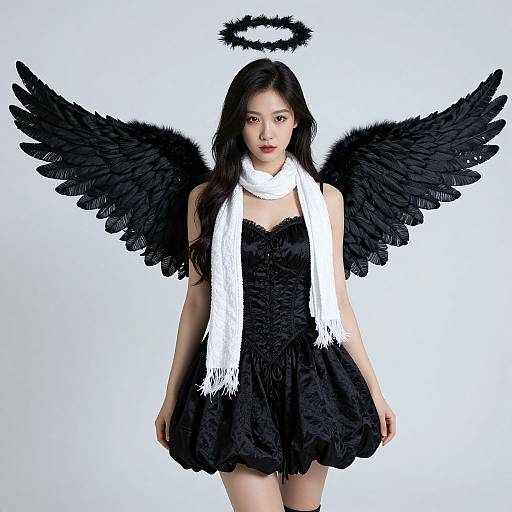 Photograph of an Asian woman with long black hair, black feathered angel wings, white scarf, black dress, and halo, standing against a white