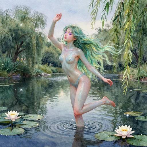 Digital painting of a nude, green-haired woman with glowing skin, dancing in a serene pond surrounded by lily pads and weeping willow trees.
