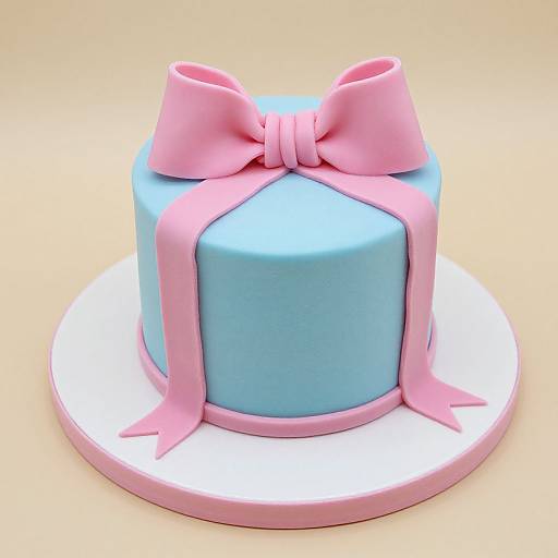Photograph of a smooth, light blue, round cake with a large pink bow on top and matching pink ribbon around it, set on a white circular