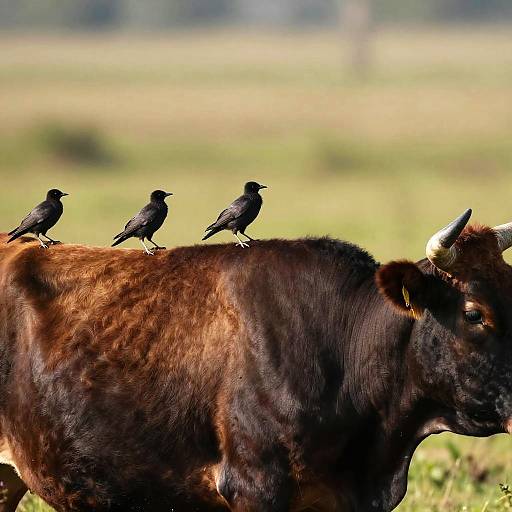 Close-Up of Large-Horned Cow with Birds